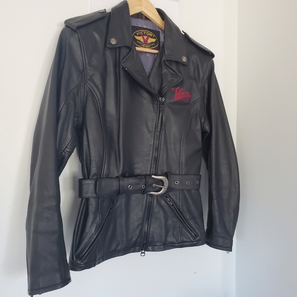 VICTORY MOTORCYCLE Women M Black Leather Moto Zips Jacket Belted Logos V… - Picture 5 of 16